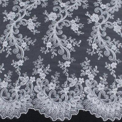 Melody WHITE Polyester Floral Embroidery with Sequins on Mesh Lace Fabric by the Yard for Gown, Wedding, Bridesmaid, Prom - 10002