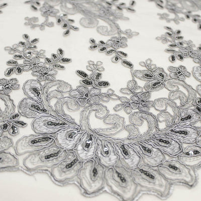 Melody GREY Polyester Floral Embroidery with Sequins on Mesh Lace Fabric by the Yard for Gown, Wedding, Bridesmaid, Prom - 10002