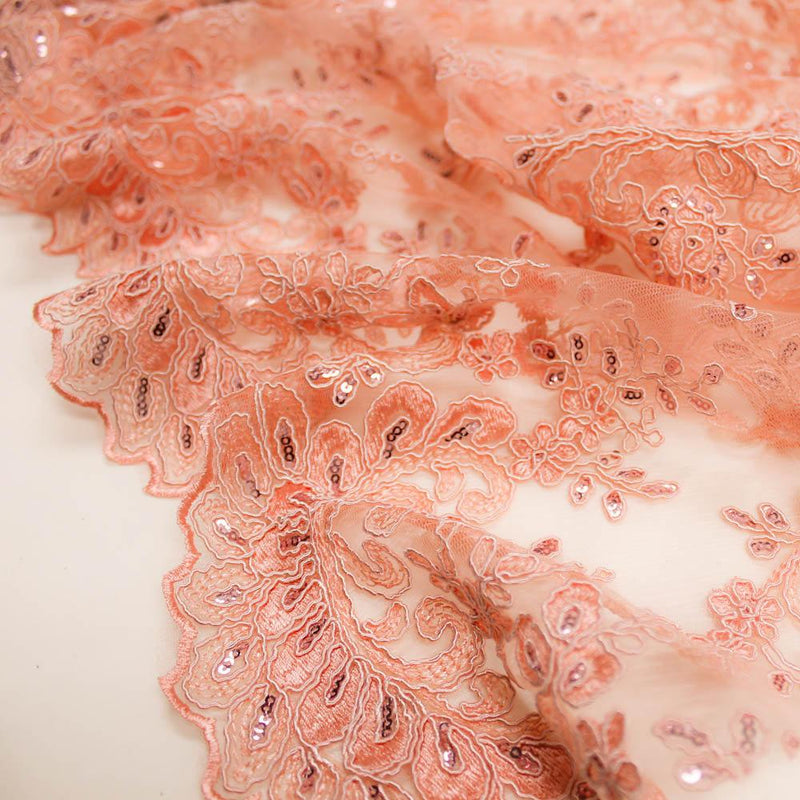 Melody DARK PEACH Polyester Floral Embroidery with Sequins on Mesh Lace Fabric by the Yard for Gown, Wedding, Bridesmaid, Prom - 10002