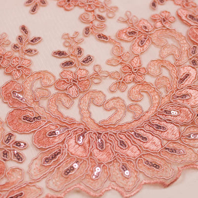 Melody DARK PEACH Polyester Floral Embroidery with Sequins on Mesh Lace Fabric by the Yard for Gown, Wedding, Bridesmaid, Prom - 10002