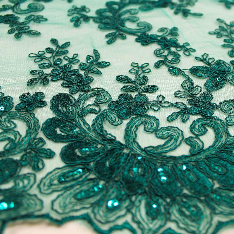 Melody HUNTER GREEN Polyester Floral Embroidery with Sequins on Mesh Lace Fabric by the Yard for Gown, Wedding, Bridesmaid, Prom - 10002