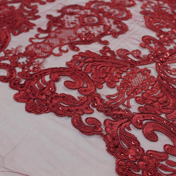 Vivian BURGUNDY Polyester Embroidery with Sequins on Mesh Lace Fabric by the Yard for Gown, Wedding, Bridesmaid, Prom - 10003