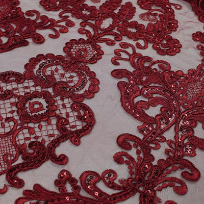 Vivian BURGUNDY Polyester Embroidery with Sequins on Mesh Lace Fabric by the Yard for Gown, Wedding, Bridesmaid, Prom - 10003