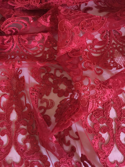 Vivian RED Polyester Embroidery with Sequins on Mesh Lace Fabric by the Yard for Gown, Wedding, Bridesmaid, Prom - 10003
