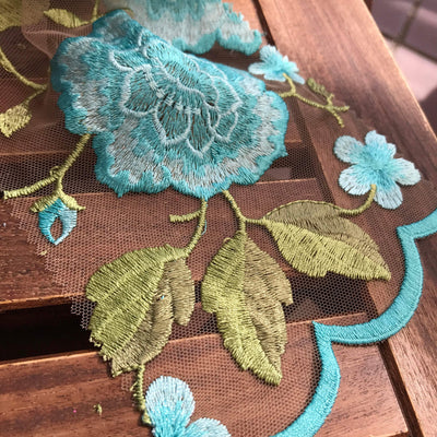 Iris TURQUOISE Floral and Leaves Embroidery on Mesh Lace Fabric by the Yard - 10006