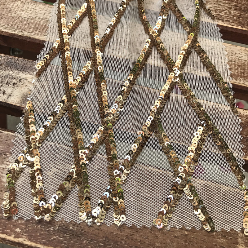 Jordyn GOLD Diamond Sequins on IVORY Mesh Lace Fabric by the Yard - 10008