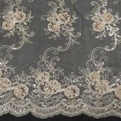Ryleigh CHAMPAGNE 3D Floral Embroidery with Foil & Sequins on Mesh Lace Fabric by the Yard - 10010