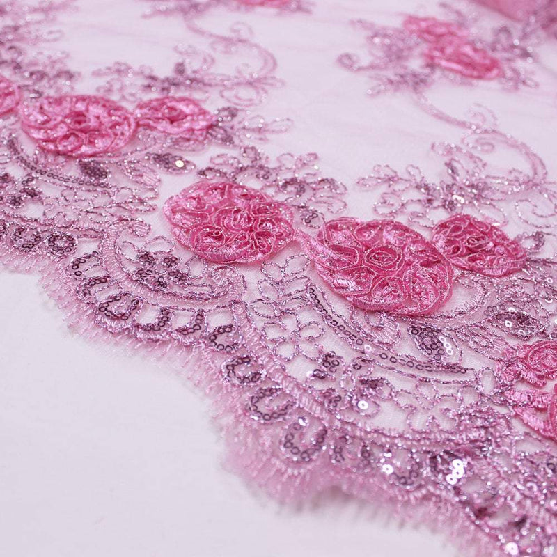 Ryleigh PINK 3D Floral Embroidery with Foil & Sequins on Mesh Lace Fabric by the Yard - 10010