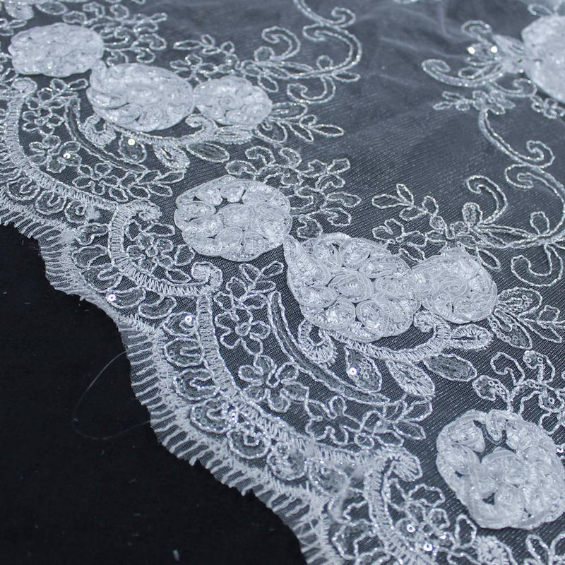 Ryleigh WHITE 3D Floral Embroidery with Foil & Sequins on Mesh Lace Fabric by the Yard - 10010
