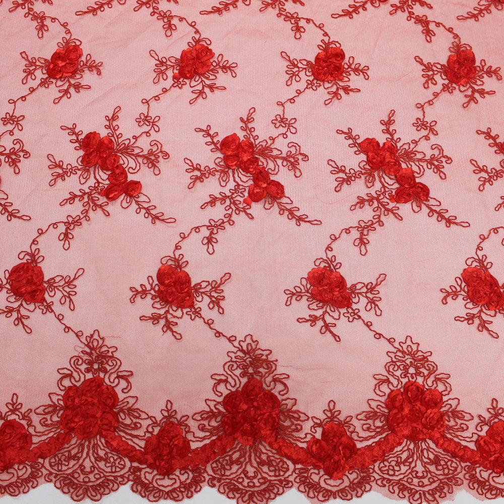 Andrea RED 3D Floral Matte Corded Embroidery on Mesh Lace Fabric by the Yard - 10016