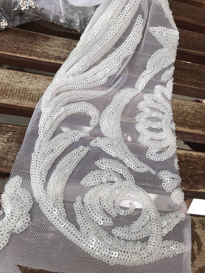 Alaina WHITE Curlicue Sequins on Mesh Lace Fabric by the Yard - 10018