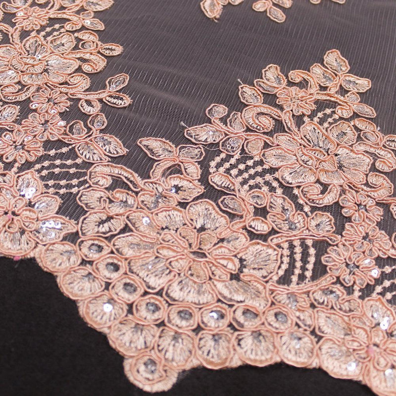 Brianna PEACH Polyester Floral Embroidery with Sequins on Mesh Lace Fabric by the Yard - 10020