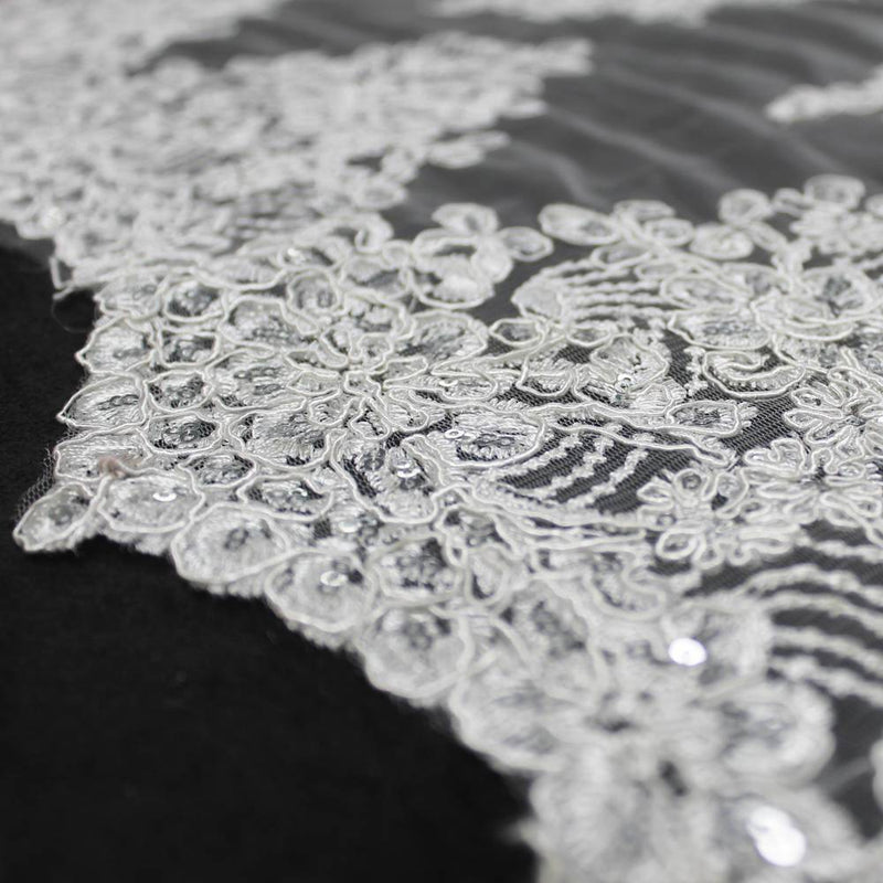 Brianna WHITE Polyester Floral Embroidery with Sequins on Mesh Lace Fabric by the Yard - 10020