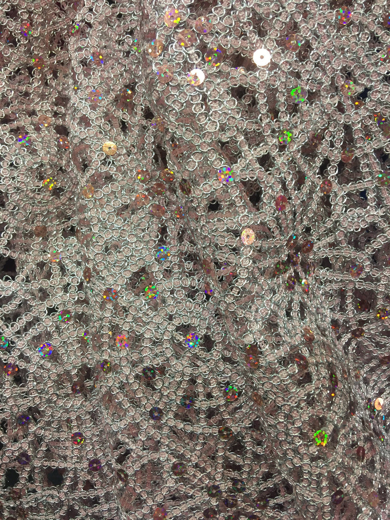 Harmony LIGHT PINK Foil and Sequins Open Weave Lace Fabric by the Yard - 10023