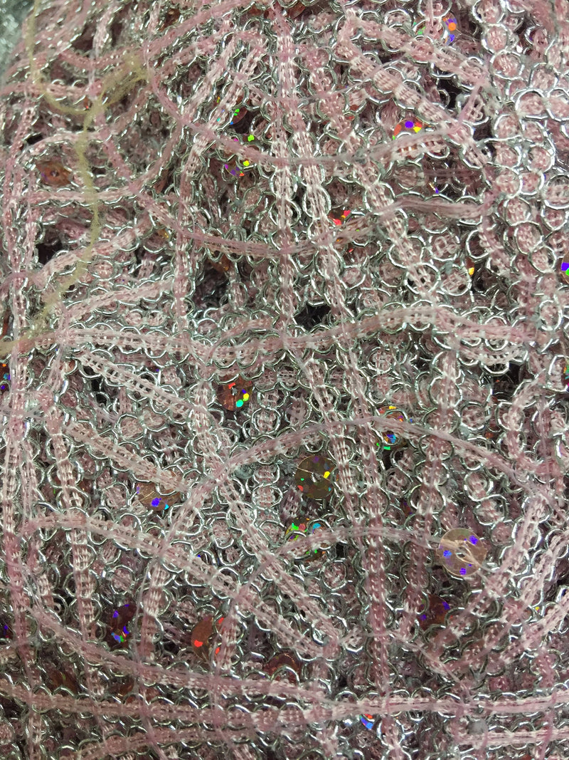 Harmony PINK Foil and Sequins Open Weave Lace Fabric by the Yard - 10023