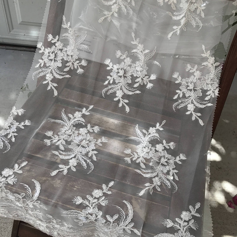 Callie WHITE Polyester Floral Corsage Embroidery on Mesh Lace Fabric by the Yard - 10025