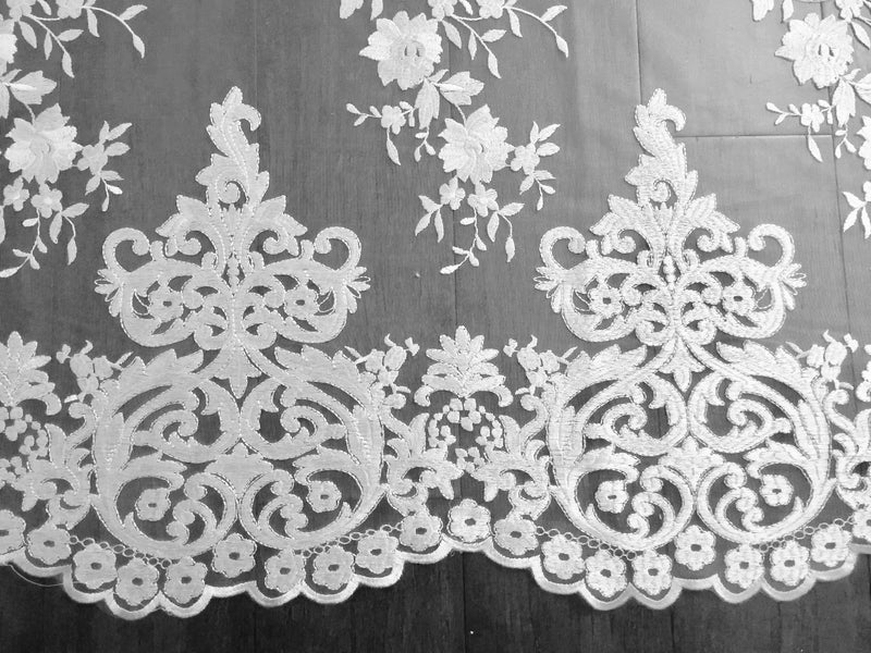 Teagan WHITE Damask Design Embroidered on Mesh Lace Fabric by the Yard - 10027