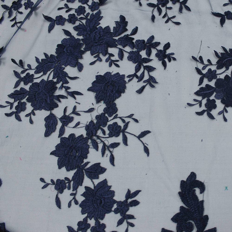 Teagan NAVY BLUE Damask Design Embroidered on Mesh Lace Fabric by the Yard - 10027