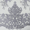 Teagan SILVER Damask Design Embroidered on Mesh Lace Fabric by the Yard - 10027