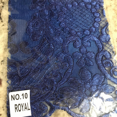 Elise ROYAL BLUE Polyester Corded Floral Embroidery on Mesh Lace Fabric by the Yard - 10029