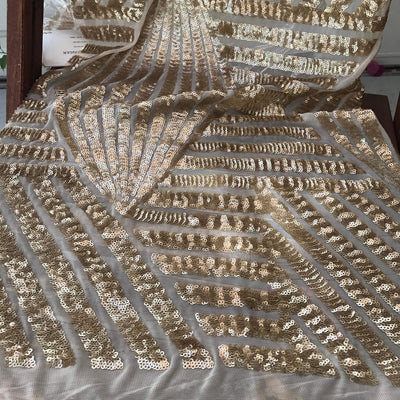 Thea GOLD Geometric Sequins Diamond & Stripes on Mesh Lace Fabric by the Yard - 10026