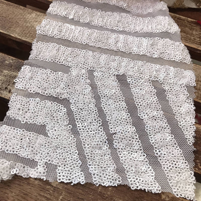 Thea WHITE Geometric Sequins Diamond & Stripes on Mesh Lace Fabric by the Yard - 10026