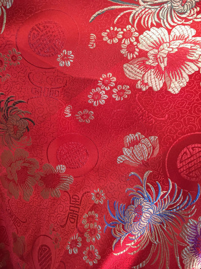Kate RED Floral Brocade Chinese Satin Fabric by the Yard - 10037