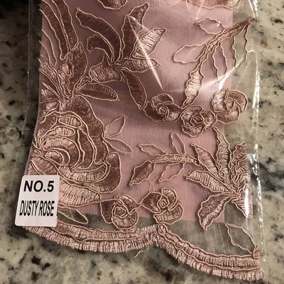 Dakota DUSTY ROSE Polyester Corded Floral Embroidery on Mesh Lace Fabric by the Yard - 10043