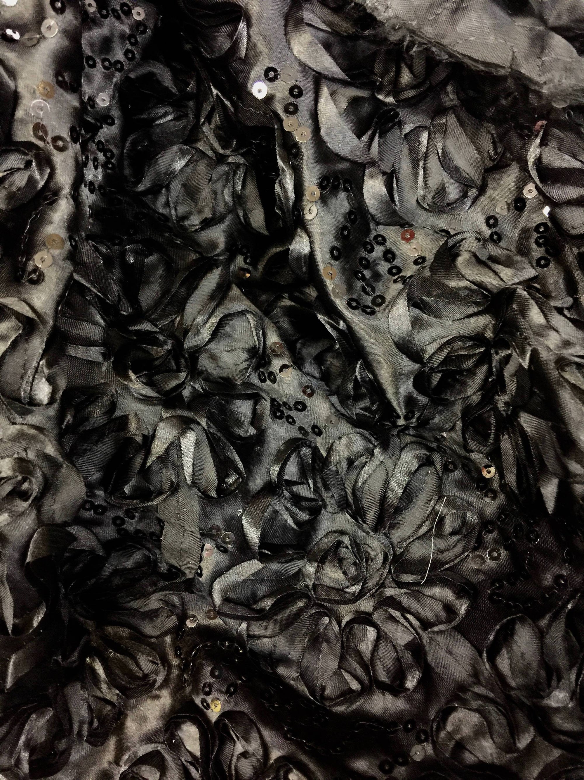Allie BLACK 3D Floral Polyester Satin Rosette with Sequins Fabric by the Yard - 10051
