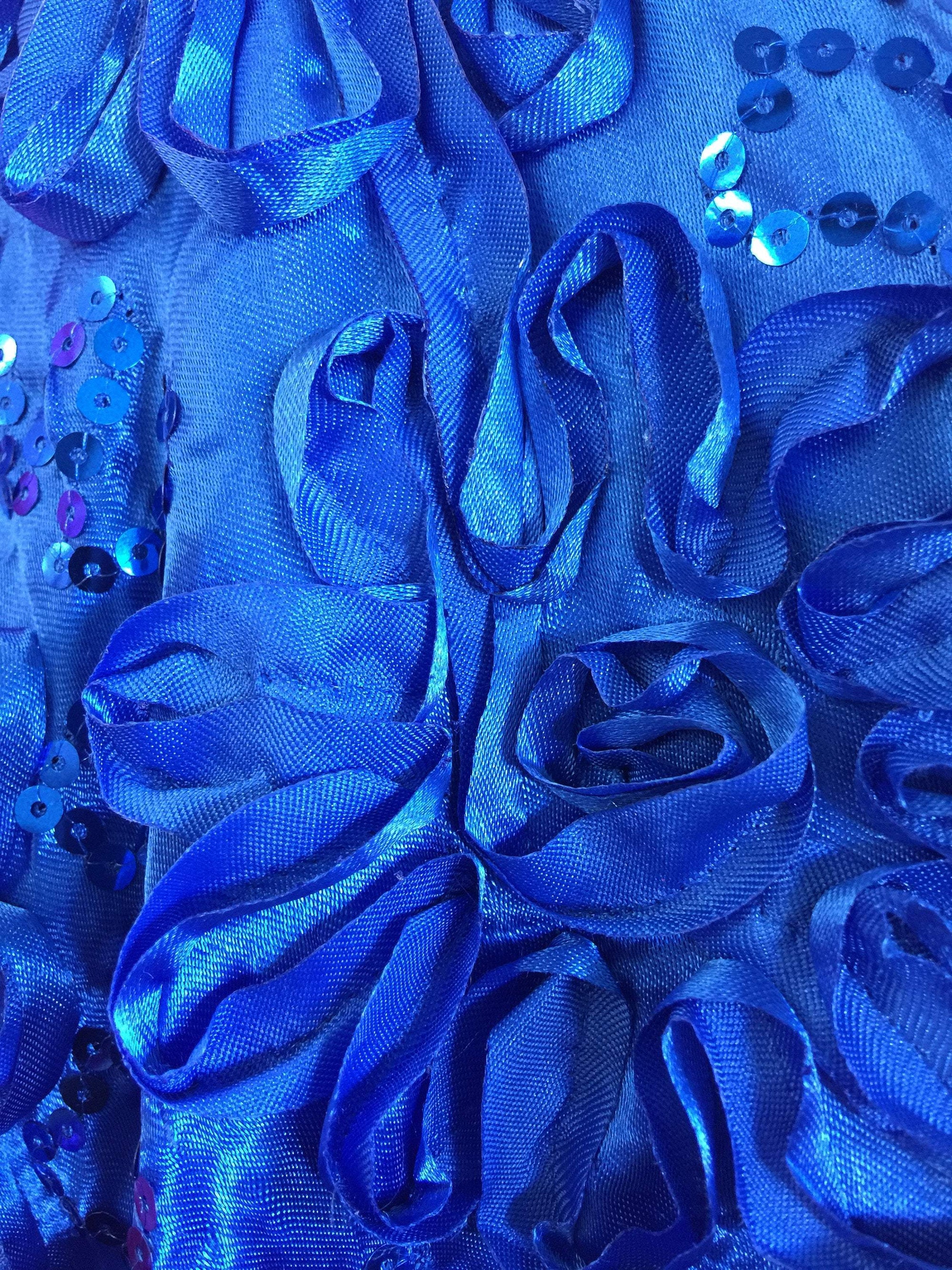 Allie ROYAL BLUE 3D Floral Polyester Satin Rosette with Sequins Fabric by the Yard