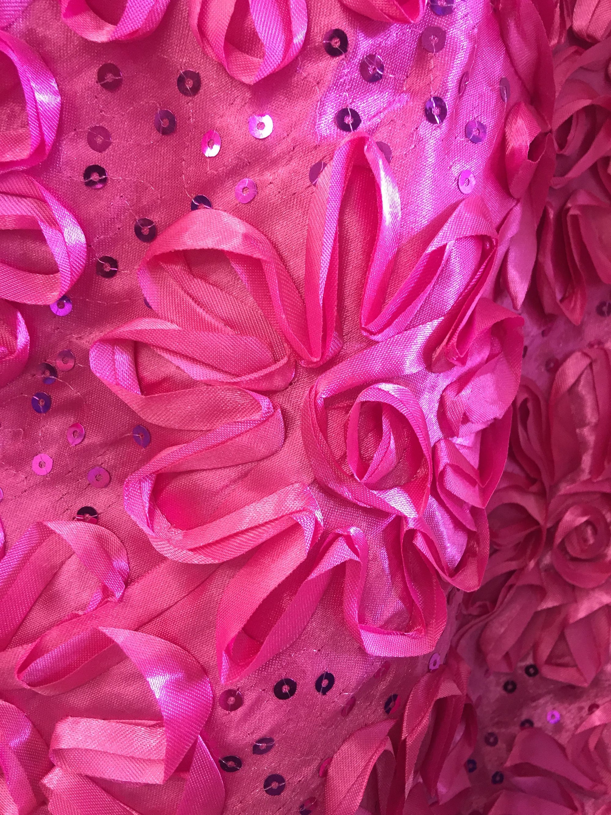 Allie FUCHSIA 3D Floral Polyester Satin Rosette with Sequins Fabric by the Yard - 10051
