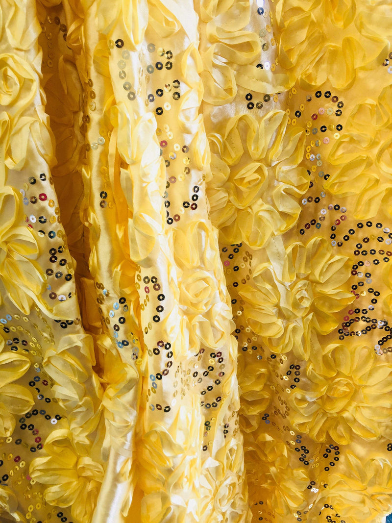 Allie YELLOW 3D Floral Polyester Satin Rosette with Sequins Fabric by the Yard - 10051