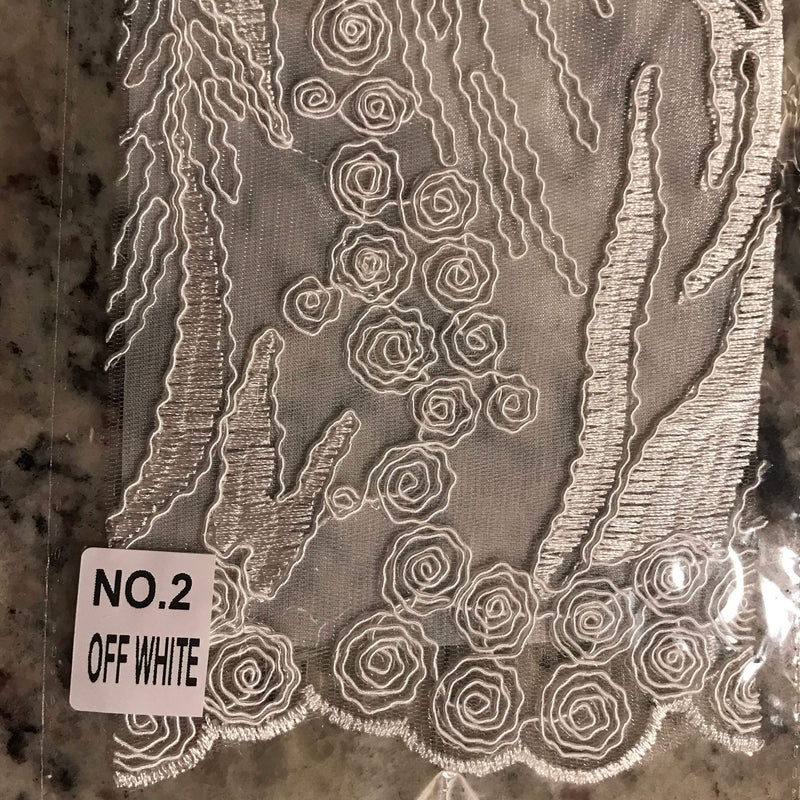 Katelyn OFF WHITE Vines and Swirls Corded Embroidery on Mesh Fabric by the Yard - 10045
