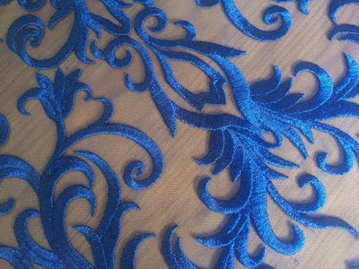 Haley ROYAL BLUE Floral Swirl Embroidery on Mesh Royalty Lace Fabric by the Yard - 10060