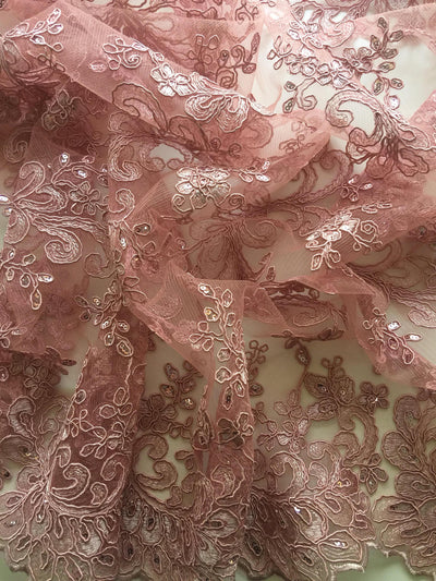 Melody DARK DUSTY PINK Polyester Floral Embroidery with Sequins on Mesh Lace Fabric by the Yard for Gown, Wedding, Bridesmaid, Prom - 10002