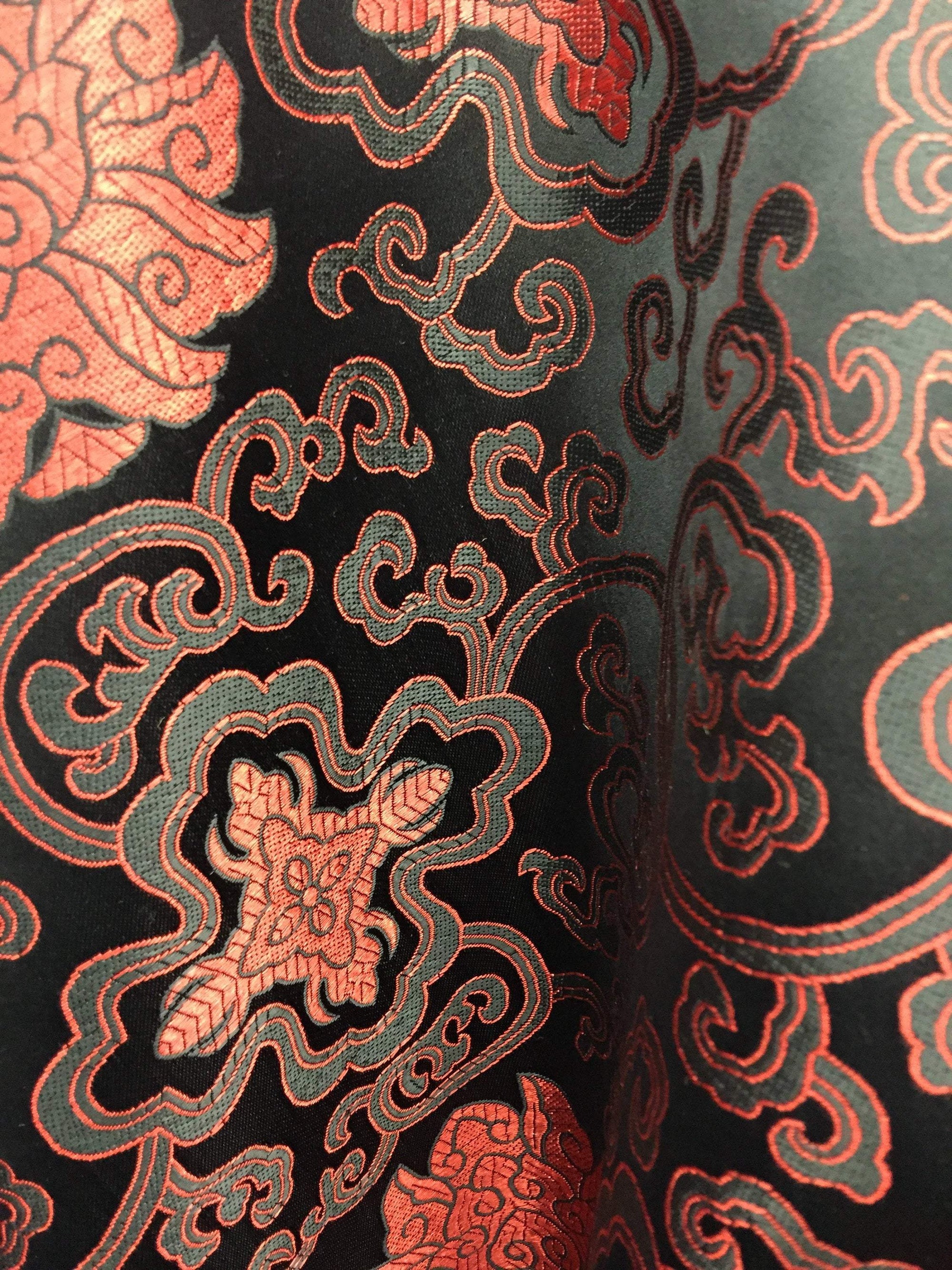 Adelaide BLACK RED Chinese Brocade Satin Fabric by the Yard - 10058