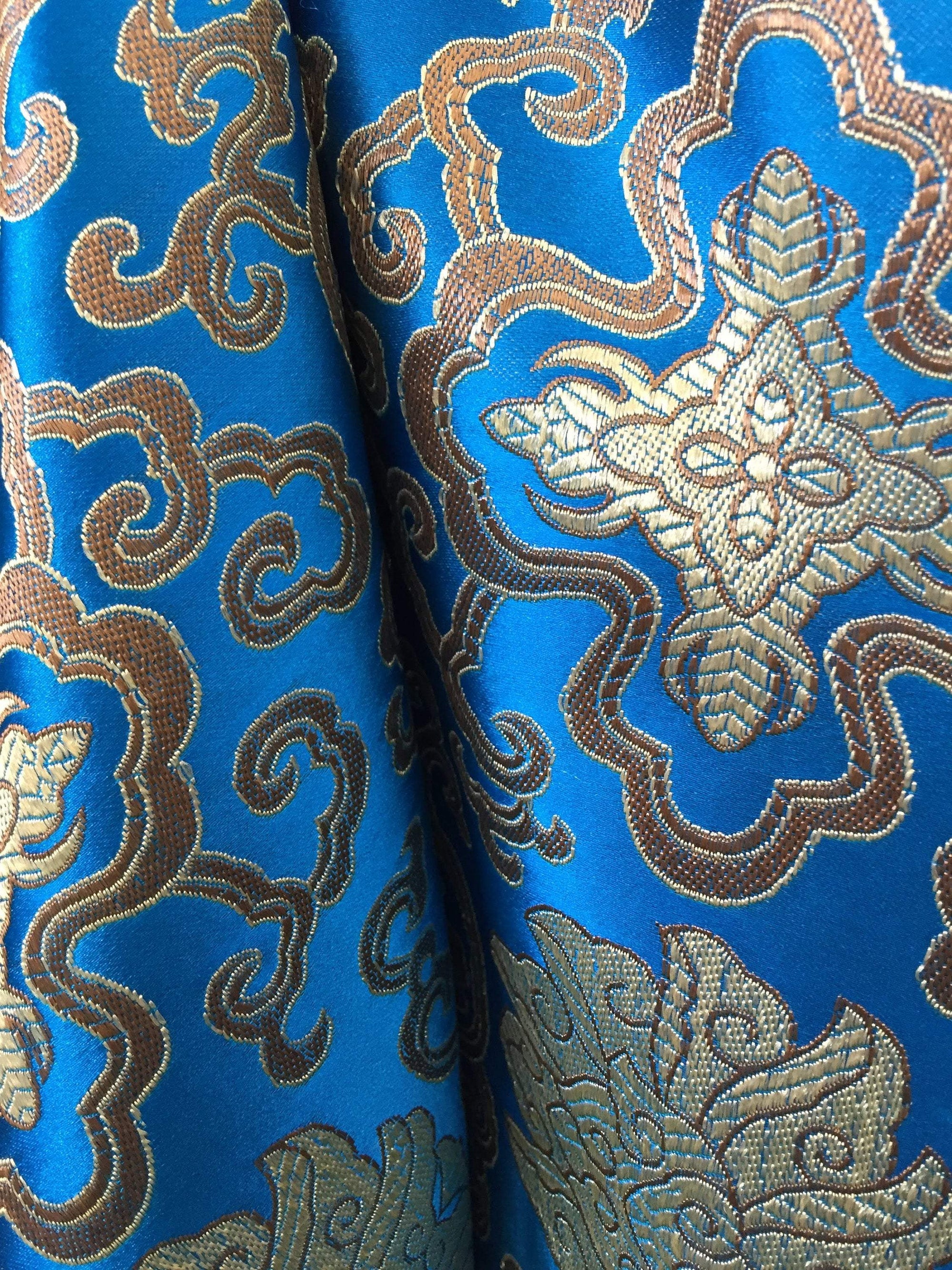 Adelaide TURQUOISE GOLD Chinese Brocade Satin Fabric by the Yard - 10058