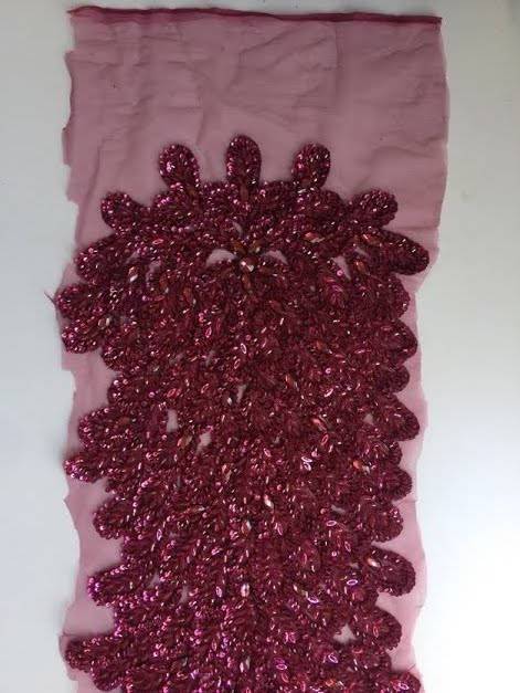 Gracie BURGUNDY Vegas Peacock Beaded Sequins Embroidered on Mesh Lace Fabric by Panel - 10012