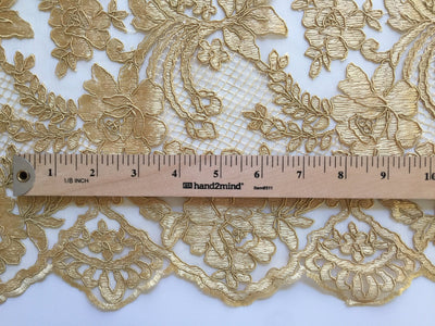 Diana GOLD Polyester Corded Floral Embroidery on Mesh Lace Fabric by the Yard - 10064