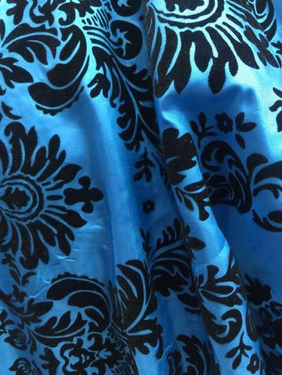 Amanda TURQUOISE Taffeta with Black Velvet Flocked Damask Fabric by the Yard - 10078