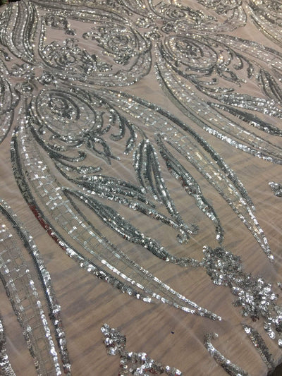 Alaina SILVER Curlicue Sequins on WHITE Mesh Lace Fabric by the Yard - 10018