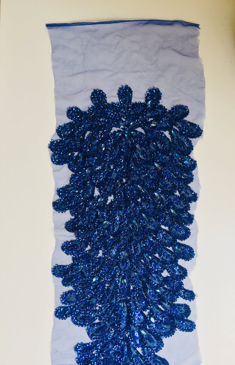 Gracie ROYAL BLUE Vegas Peacock Beaded Sequins Embroidered on Mesh Lace Fabric by Panel - 10012
