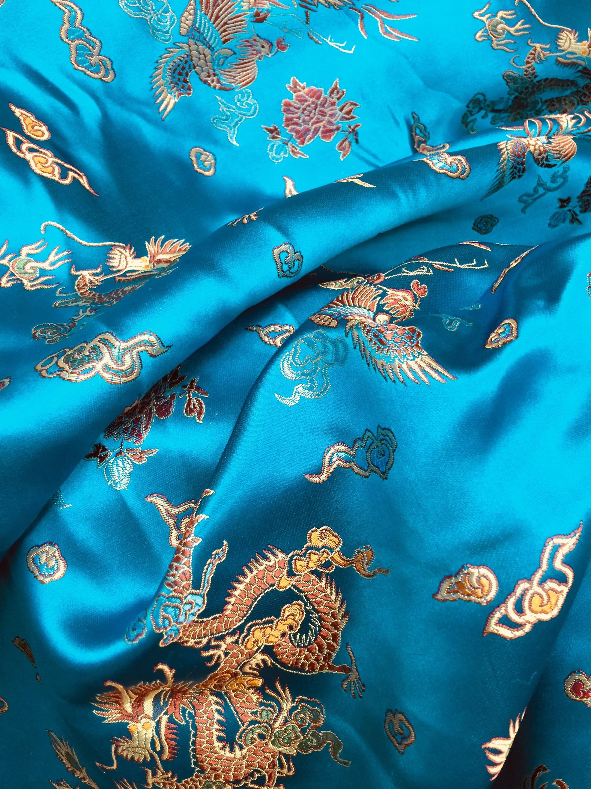 Hope TURQUOISE Dragon Brocade Chinese Satin Fabric by the Yard - 10040