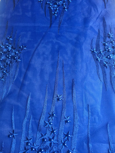 Kelsey ROYAL BLUE Floral Beaded Lace Embroidery on Mesh Fabric by the Yard - 10093