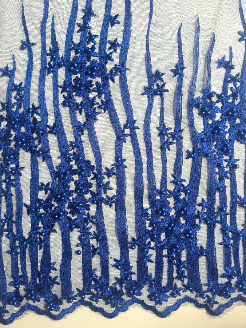 Kelsey ROYAL BLUE Floral Beaded Lace Embroidery on Mesh Fabric by the Yard - 10093