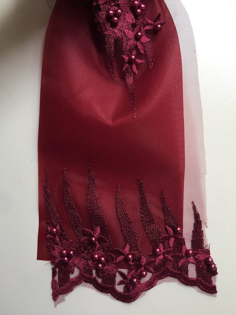 Kelsey BURGUNDY Floral Beaded Lace Embroidery on Mesh Fabric by the Yard - 10093
