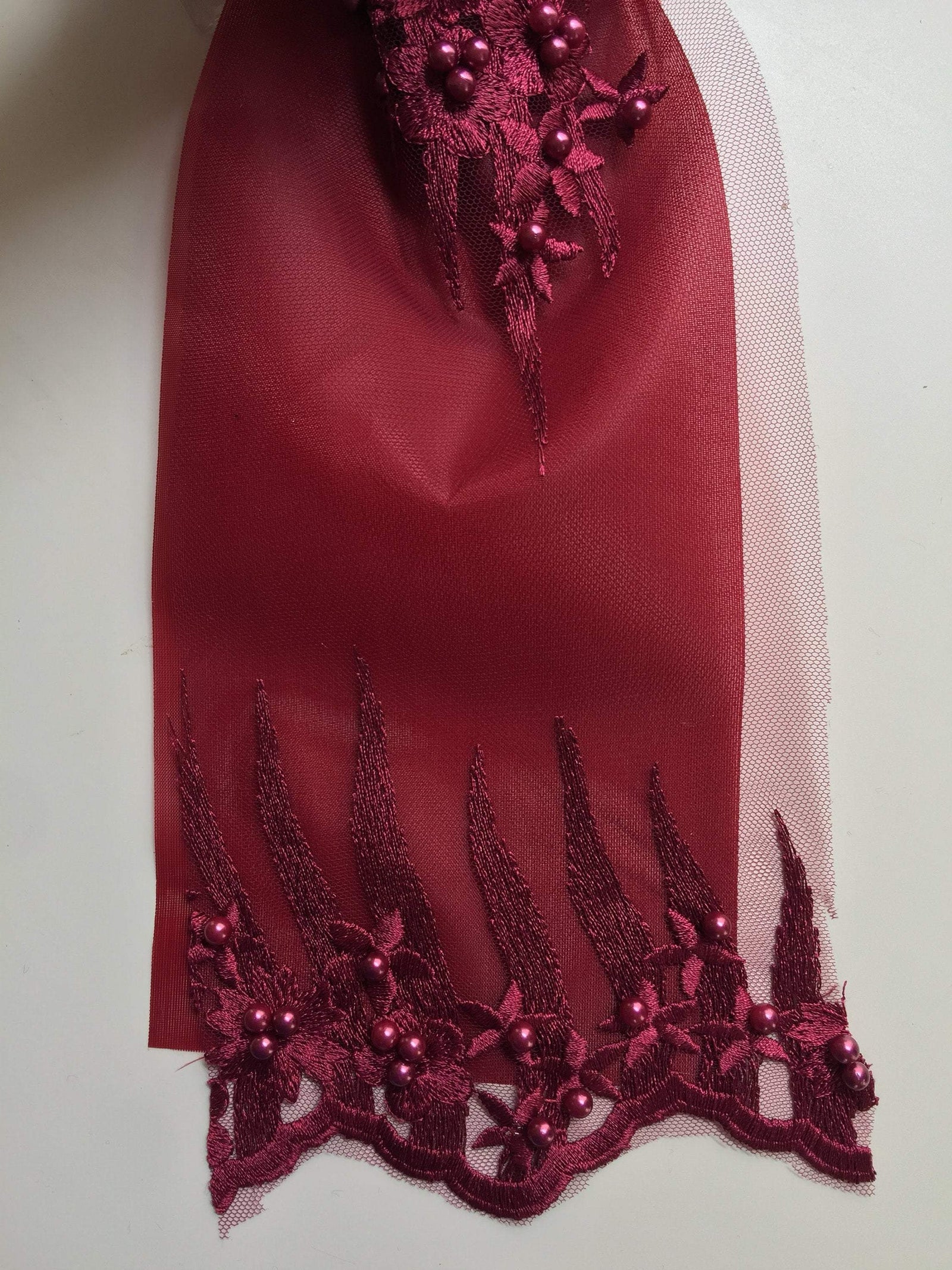 Kelsey BURGUNDY Floral Beaded Lace Embroidery on Mesh Fabric by the Yard - 10093