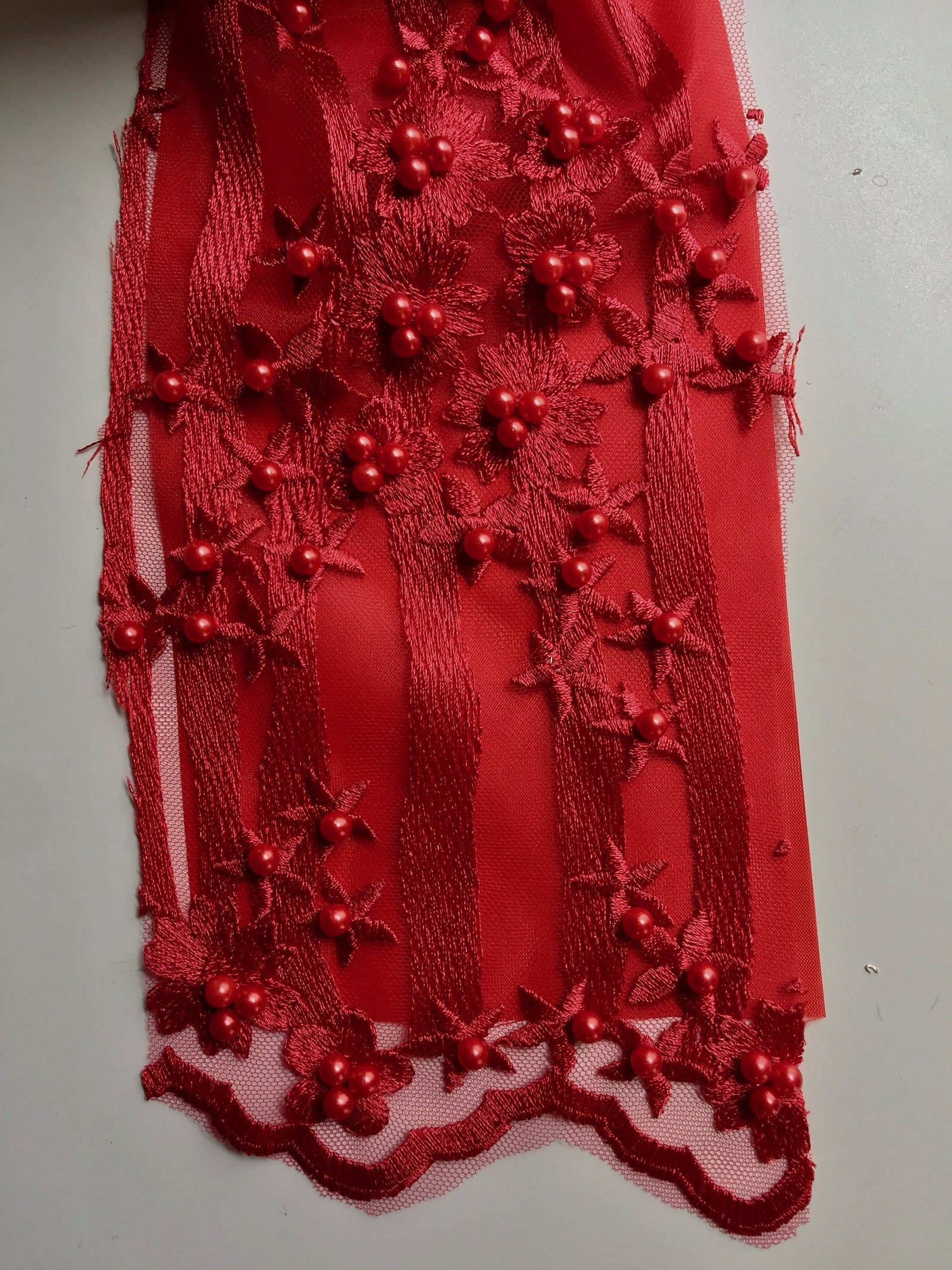 Kelsey RED Floral Beaded Lace Embroidery on Mesh Fabric by the Yard - 10093