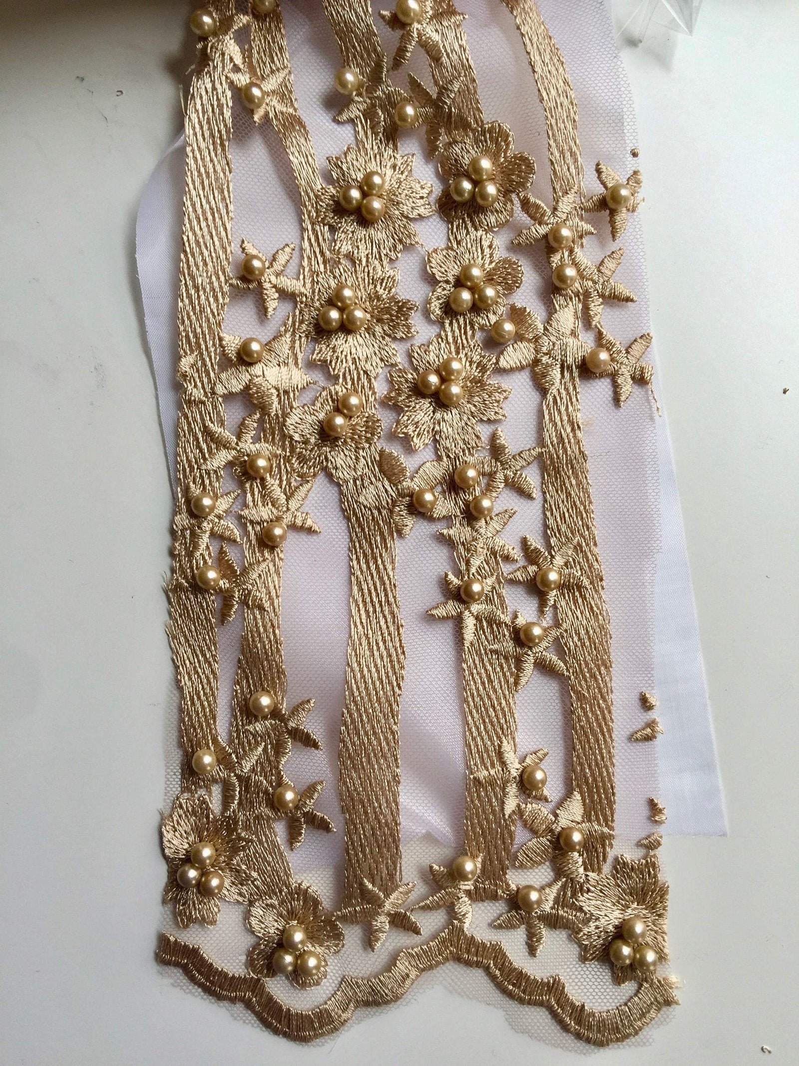 Kelsey CHAMPAGNE GOLD Floral Beaded Lace Embroidery on Mesh Fabric by the Yard - 10093