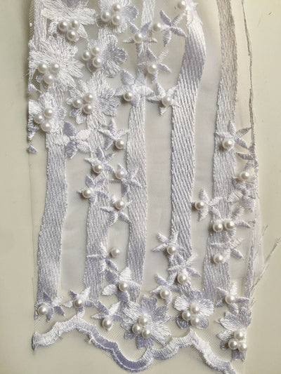 Kelsey WHITE Floral Beaded Lace Embroidery on Mesh Fabric by the Yard - 10093